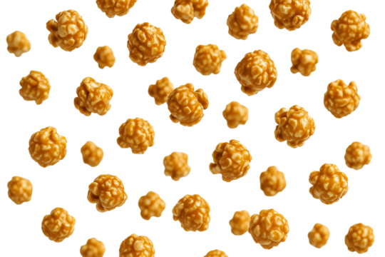 Caramel popcorn pattern on white background. Sweet snack.