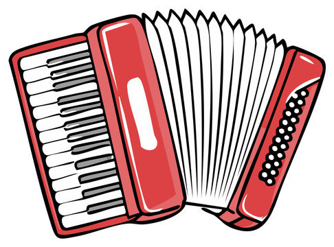 Bright red accordion with piano keys and pleated bellows musical instrument vector graphic