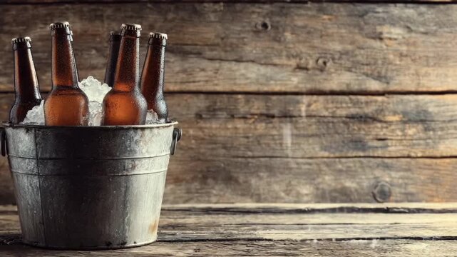 Chilled brown glass bottles with caps rest in a galvanized metal bucket of crushed ice on a weathered wooden tabletop