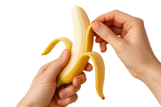 Hands holding banana peel. Organic fruit. Vegan food.