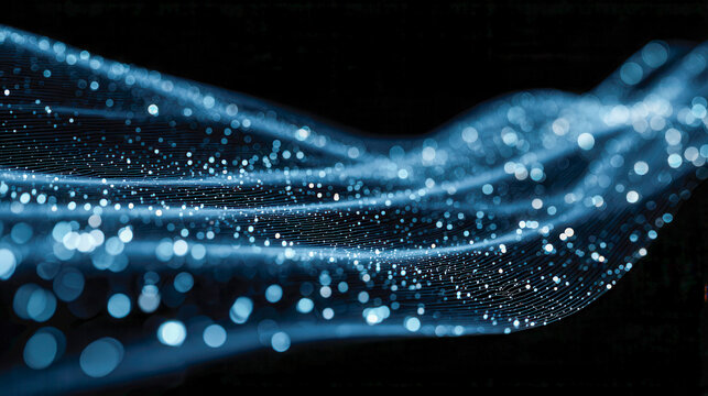 Visualization of dynamic digital wave with glowing blue particles and interconnected network fibers flowing smoothly against a dark background for technology concept
