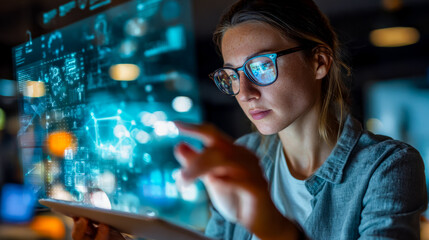 Female programmer working with a digital interface in a modern tech environment