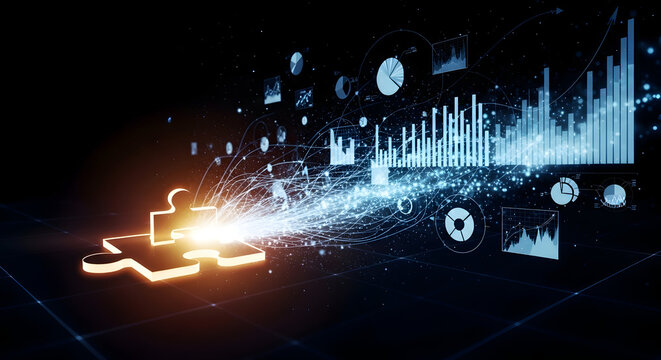 Glowing Puzzle Piece Connecting with Digital Data Visualization Network