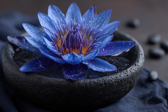 Blue lotus rests in a black bowl filled with water, droplets glistening on petals. Dark stones blurred in background enhance the peaceful, serene aesthetic