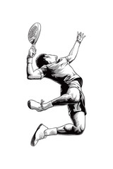 lineart illustration of a padel player doing a jumping smash