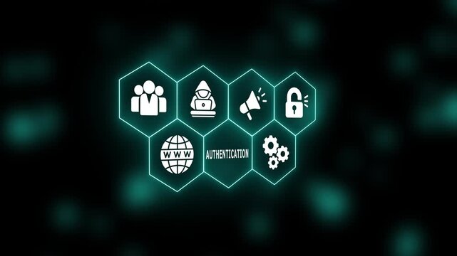 Modern digital authentication design with illuminated icons representing multi-factor access, identity validation, encrypted login, and secure system verification.