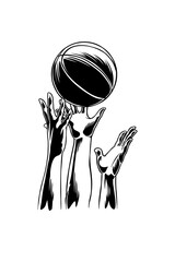 lineart illustration of a basketball player's hand grabbing the ball in the air