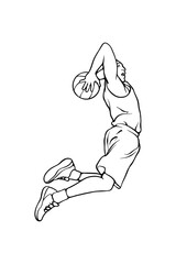 lineart illustration of a basketball player doing a slam dunk