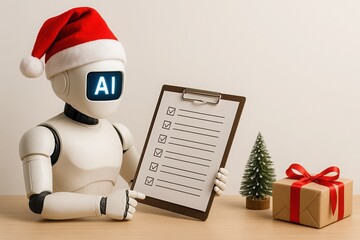 AI robot in Santa hat holding Christmas checklist perfect for futuristic holiday marketing tech greeting cards and smart gift promotions