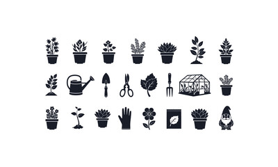 Gardening and plants arranged in three rows silhouette isolated on white background