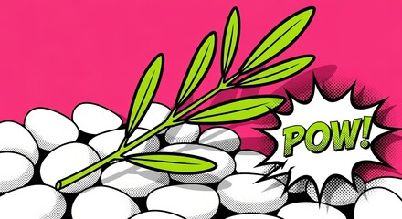 Olive branch on white pebbles with pink background and comic book style pow effect