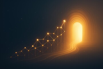 Golden neural network forming an ascending financial graph into a glowing tunnel on dark background futuristic AI concept for fintech growth and year-end business strategy visuals