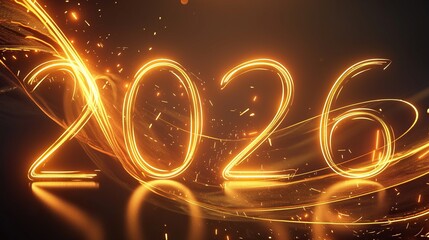 Glowing numbers 2026, surrounded by flowing energy waves, creating a dramatic and immersive visual effect, suitable for festive or futuristic themes.