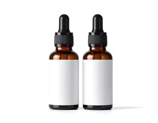 Two amber glass dropper bottles with black caps and white labels, presented against a clean white backdrop