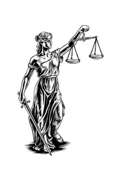 hand drawn lineart illustration of the goddess of justice