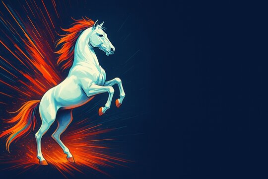 White horse rearing with neon light burst on dark blue background and space for text, symbol of energy speed and new digital start, futuristic New Year 2026 concept