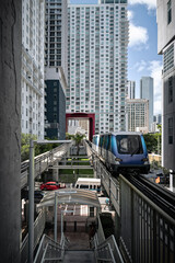 Modern Elevated Urban Train System Between High-Rise Buildings