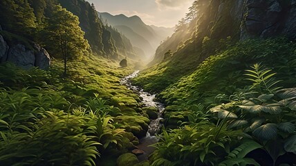 Lush Green Tropical Valley Landscape Wallpaper Background 300 DPI. Perfect for travel, nature, and eco-friendly themes, promoting relaxation and connection with nature. AI generated image