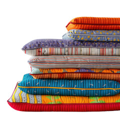 Obraz premium Colorful stack of patterned cushions displayed in a decorative arrangement for home comfort and style on transparent background