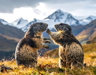 Two alpine marmots interacting in a grassy, mountainous landscape with snow-capped peaks visible in the background. The cloudy sky indicates overcast conditions
