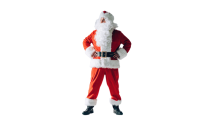 Santa claus standing with hands on hips wearing a red suit against a png background in full view