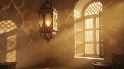 Warm sunlight and an ornate lantern cast intricate patterns across a traditional Middle Eastern interior with wooden lattice windows and cozy seating. - Powered by Adobe
