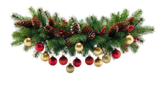 Festive christmas garland of evergreen boughs, adorned with shimmering ornaments and natural pine cones and red berries. Isolated On Transparent and White Background - Powered by Adobe