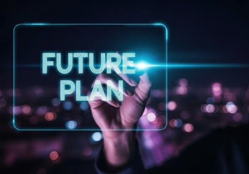 Hand writing future plan on a glowing digital screen with bokeh city lights background