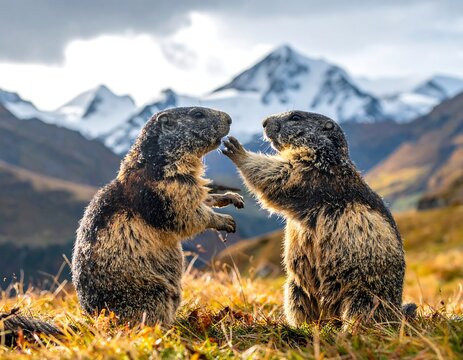 Two alpine marmots interacting in a grassy, mountainous landscape with snow-capped peaks visible in the background. The cloudy sky indicates overcast conditions - Powered by Adobe