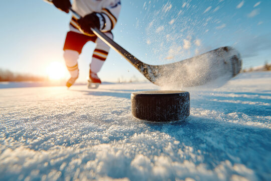 A hockey player drives a puck on ice in the courtyard on a sunny winter day, ice floes fly in all directions from the puck - Powered by Adobe