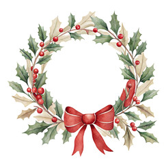 Watercolor Christmas wreath with red bow clipart © ThemeRage