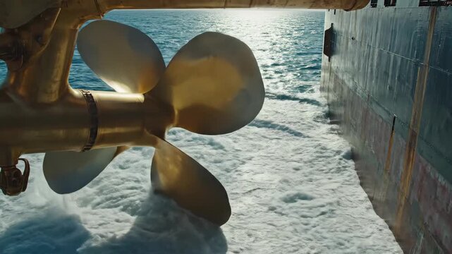 Close up of a ship propeller creating turbulent water at sea
