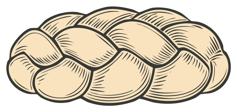 Vintage engraved style illustration of a fresh braided challah bread loaf