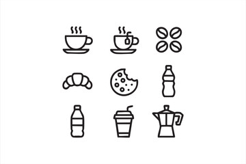 Coffee and tea line icons set with snacks and drinks in minimalist vector style