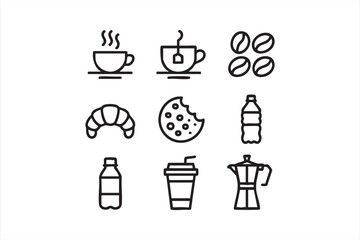 Minimal line vector of coffee, tea, water, and bakery items for menu or branding