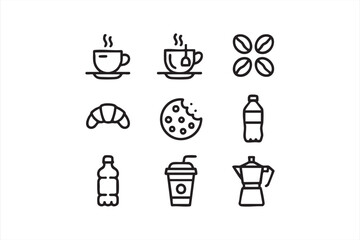 Black and white icon set showing drink and snack elements for cafe graphics