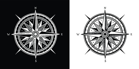 Vintage compass rose illustration with north, south, east, and west directional points, displayed on black and white backgrounds