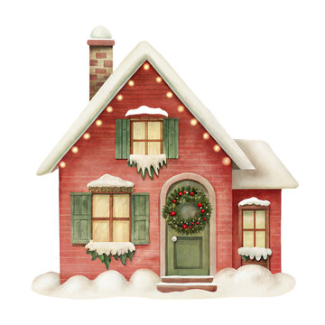 Watercolor Christmas house with wreath and snow