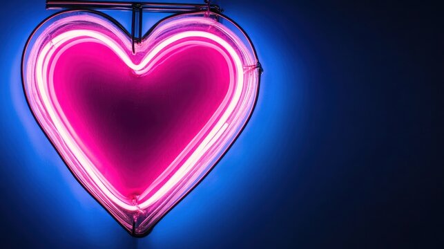 Glowing pink neon heart shape against dark blue background