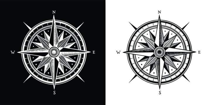 Vintage compass rose illustration with north, south, east, and west directional points, displayed on black and white backgrounds