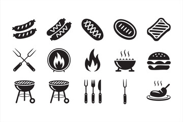 Barbecue and grill vector icons set with food, flames, and utensils illustration