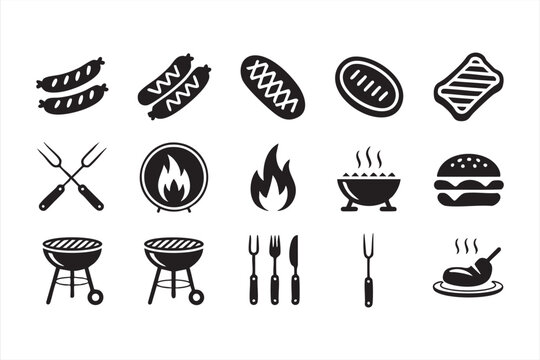 Barbecue and grill vector icons set with food, flames, and utensils illustration