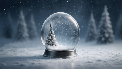 Elegant snow globe featuring a snowy fir tree inside a crystal-clear dome, set against a soft winter forest background, perfect for Christmas product display