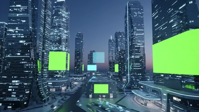 Advanced Infrastructure & Design with 4k looped background green screen banners 3d city of the future distortion, overlay, glitch, static noise, scan lines on black background, animated video loop