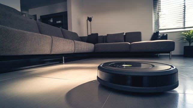 Robotic vacuum cleaner in a modern living room (1) - Powered by Adobe