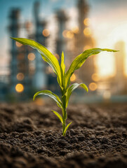 Young green plant sprouting from rich soil with blurred industrial factory background symbolizing sustainable growth and environmental balance at sunset