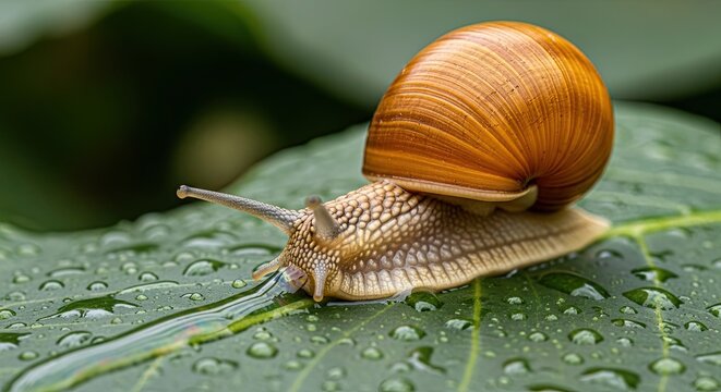 Close up of a snail with a brown shell crawling on a wet green leaf. - Powered by Adobe