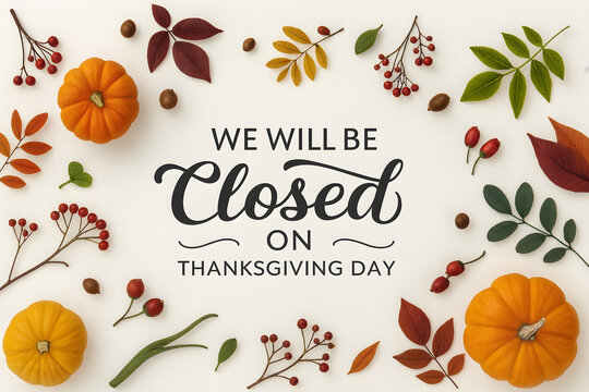 Thanksgiving Day closed announcement with autumn decorations, perfect for holiday notices, seasonal signage, and festive communications