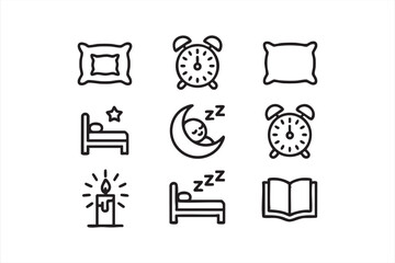 Bedtime routine vector icons set with pillow, clock, and sleeping moon design
