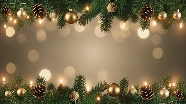 Realistic Christmas garland border with golden ornaments and fairy lights glowing softly
